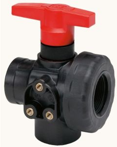 Válvula Bola PP Flujo Contínuo, 3 Vías, H-H, Leva Larga, 1"1/2, 10 bar