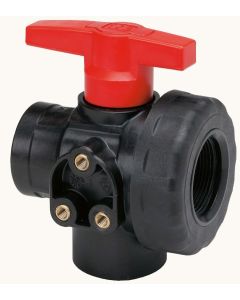 Válvula Bola PP Flujo On-Off, 3 Vías, H-H, Leva Larga, 1"1/4, 16 bar